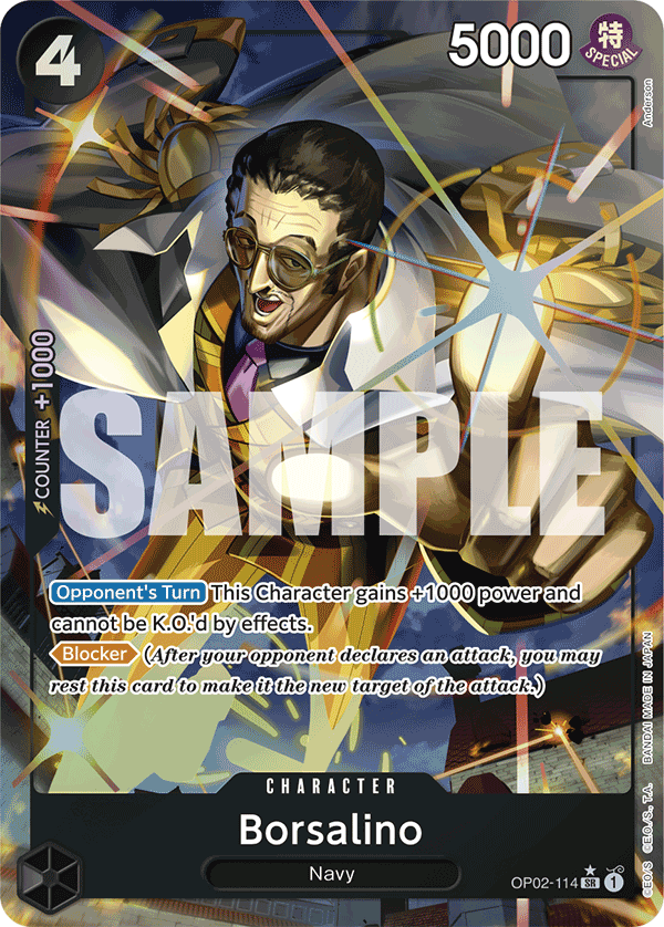 Borsalino OP02-114, the SR printing from OP-02 of the One Piece Card Game