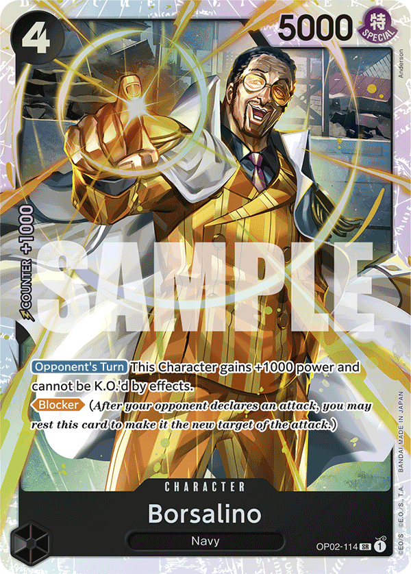 Borsalino OP02-114, the SR printing from OP-02 of the One Piece Card Game