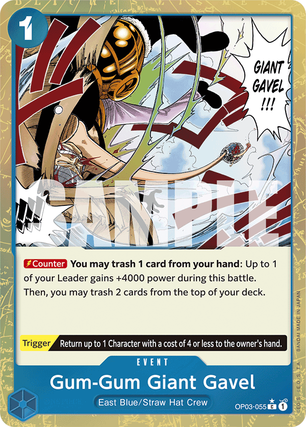 Gum-Gum Giant Gavel OP03-055, the C printing from OP-03 of the One Piece Card Game