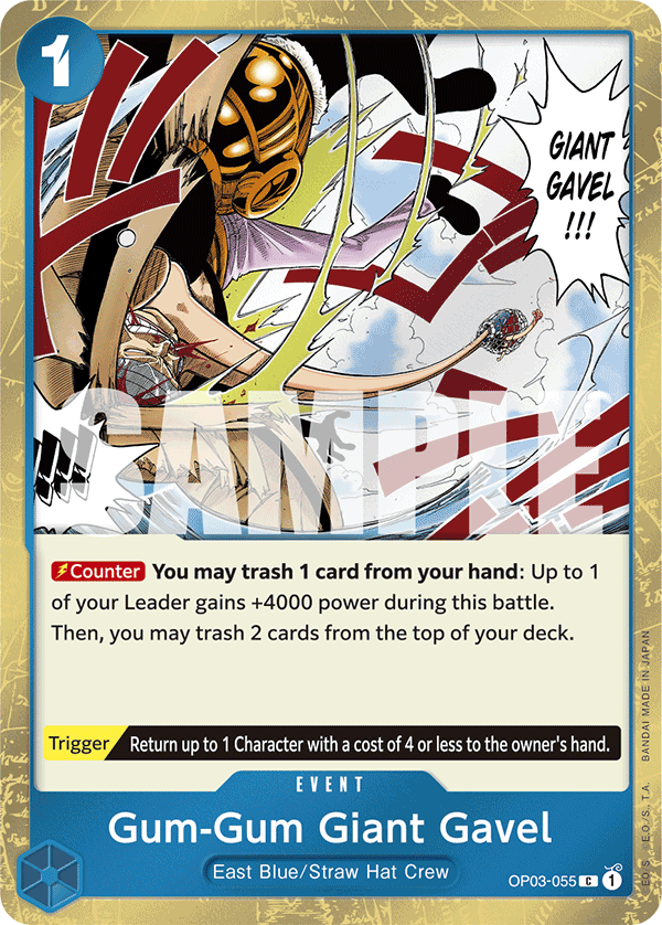 Gum-Gum Giant Gavel OP03-055, the C printing from OP-03 of the One Piece Card Game