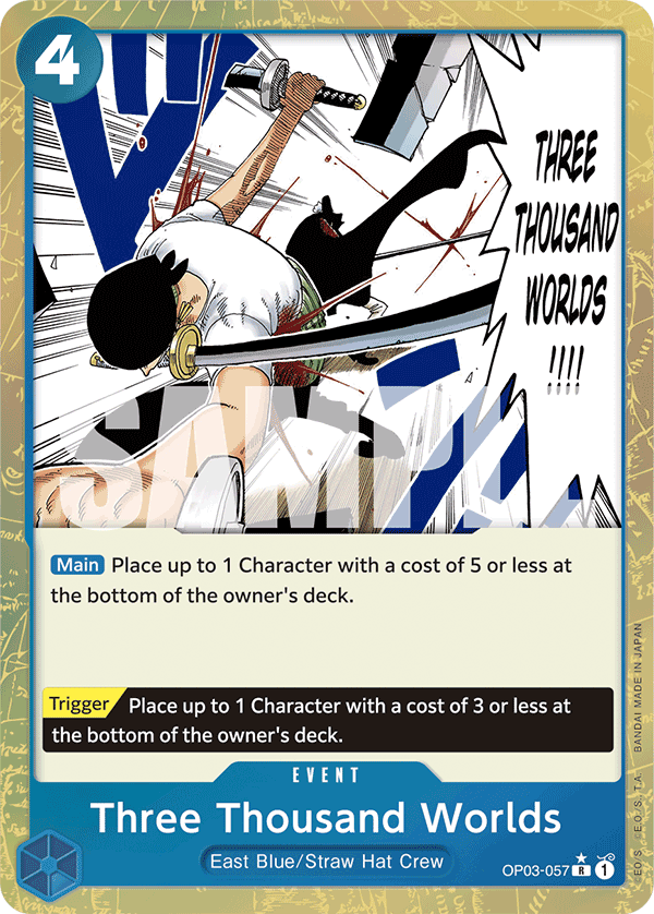 Three Thousand Worlds OP03-057, the R printing from OP-03 of the One Piece Card Game