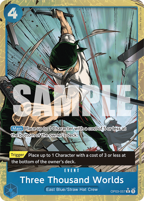 Three Thousand Worlds OP03-057, the R printing from OP-03 of the One Piece Card Game