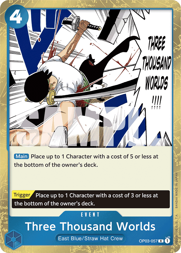 Three Thousand Worlds OP03-057, the R printing from OP-03 of the One Piece Card Game