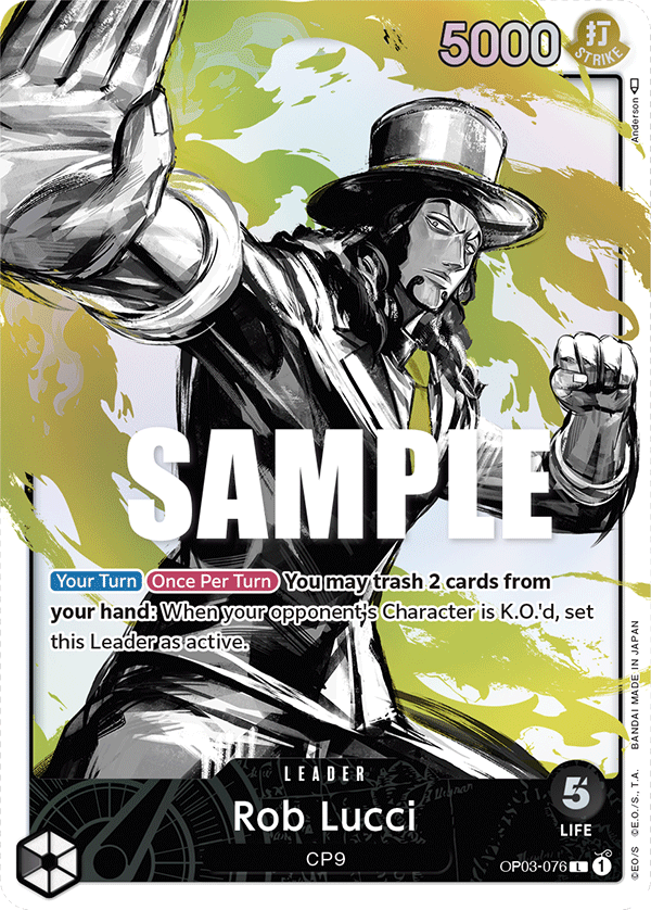 Rob Lucci OP03-076, the L printing from OP-03 of the One Piece Card Game