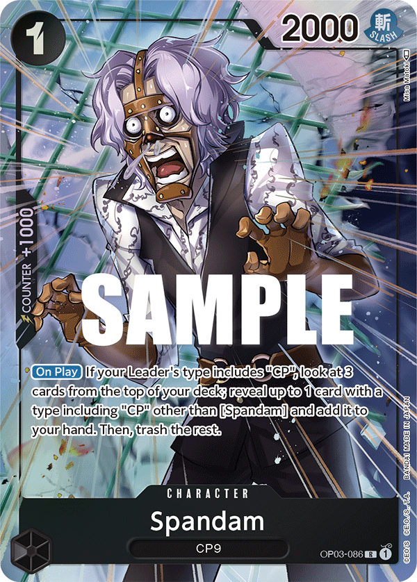Spandam OP03-086, the R printing from OP-03 of the One Piece Card Game