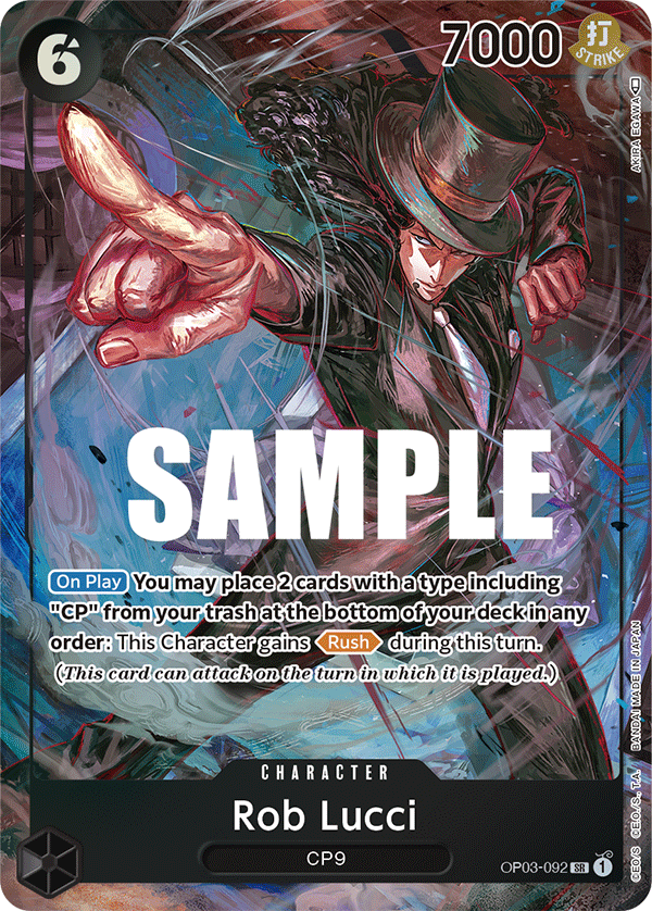 Rob Lucci OP03-092, the SR printing from OP-03 of the One Piece Card Game