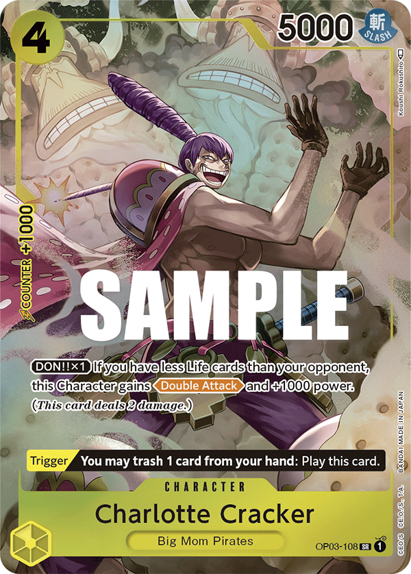 Charlotte Cracker OP03-108, the SR printing from OP-03 of the One Piece Card Game