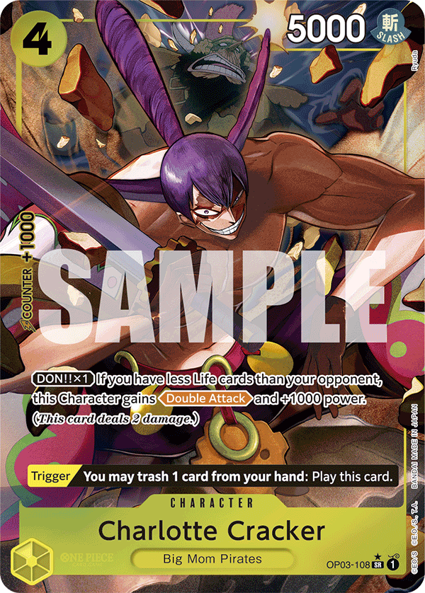 Charlotte Cracker OP03-108, the SR printing from OP-03 of the One Piece Card Game