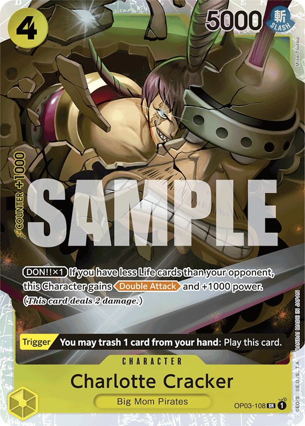 Charlotte Cracker OP03-108, the SR printing from OP-03 of the One Piece Card Game