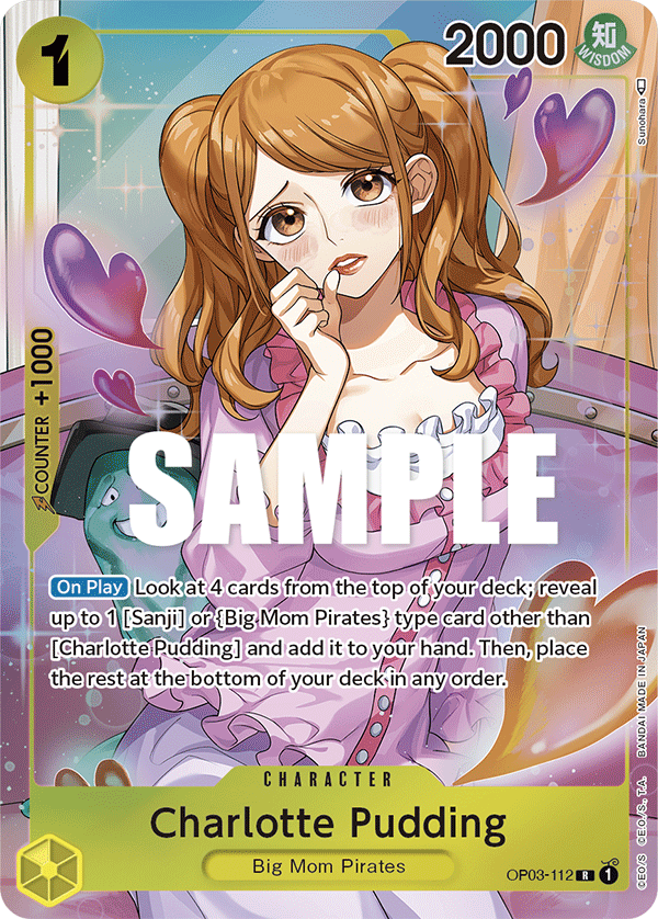 Charlotte Pudding OP03-112, the R printing from OP-03 of the One Piece Card Game