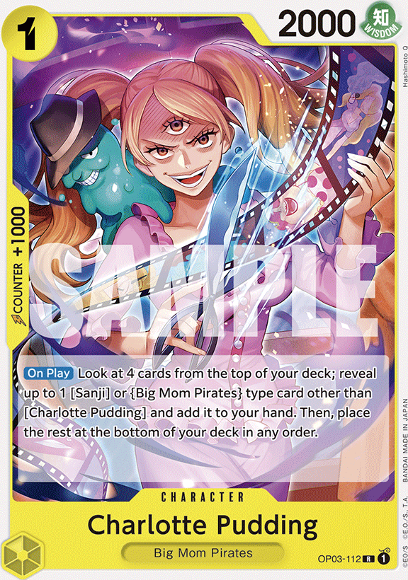 Charlotte Pudding OP03-112, the R printing from OP-03 of the One Piece Card Game