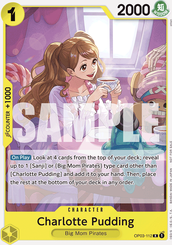 Charlotte Pudding OP03-112, the R printing from OP-03 of the One Piece Card Game