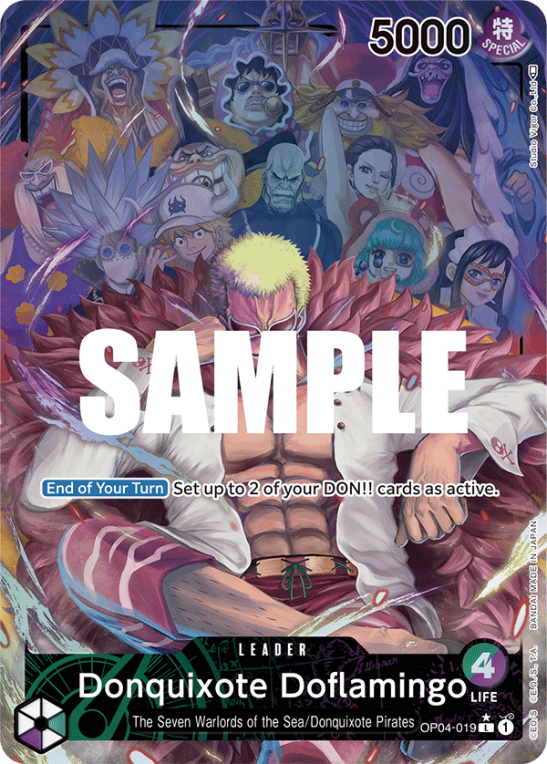 Donquixote Doflamingo OP04-019, the L printing from OP-04 of the One Piece Card Game