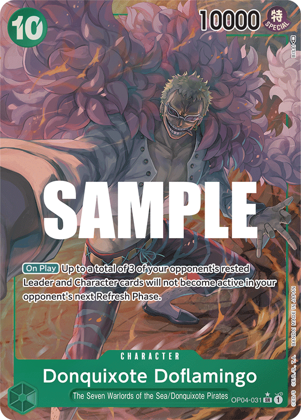 Donquixote Doflamingo OP04-031, the SR printing from OP-04 of the One Piece Card Game