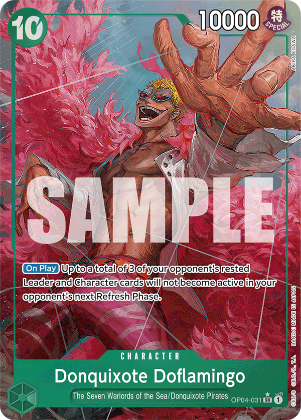 Donquixote Doflamingo OP04-031, the SR printing from OP-04 of the One Piece Card Game