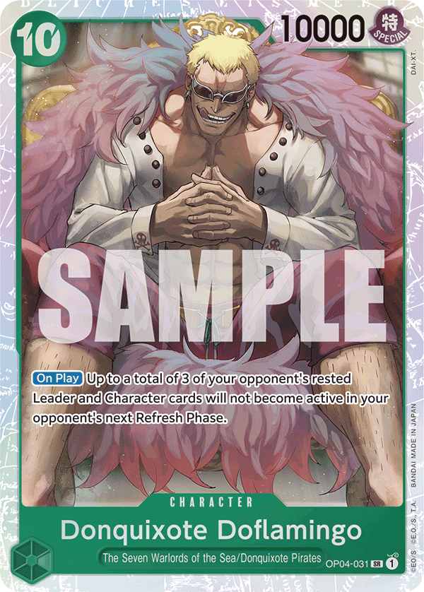 Donquixote Doflamingo OP04-031, the SR printing from OP-04 of the One Piece Card Game