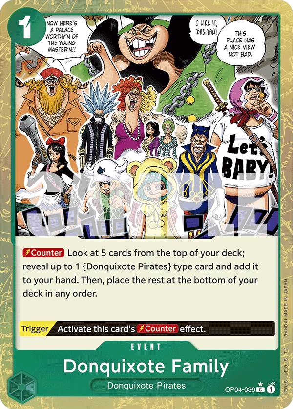 Donquixote Family OP04-036, the C printing from OP-04 of the One Piece Card Game