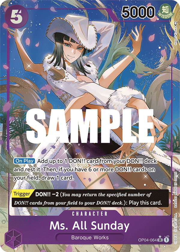 Ms. All Sunday OP04-064, the SR printing from OP-04 of the One Piece Card Game