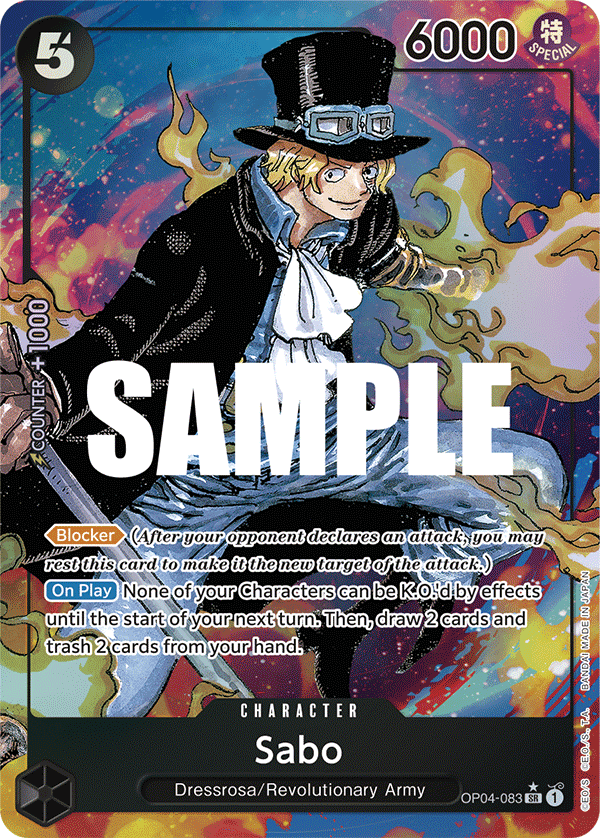 Sabo OP04-083, the SR printing from OP-04 of the One Piece Card Game