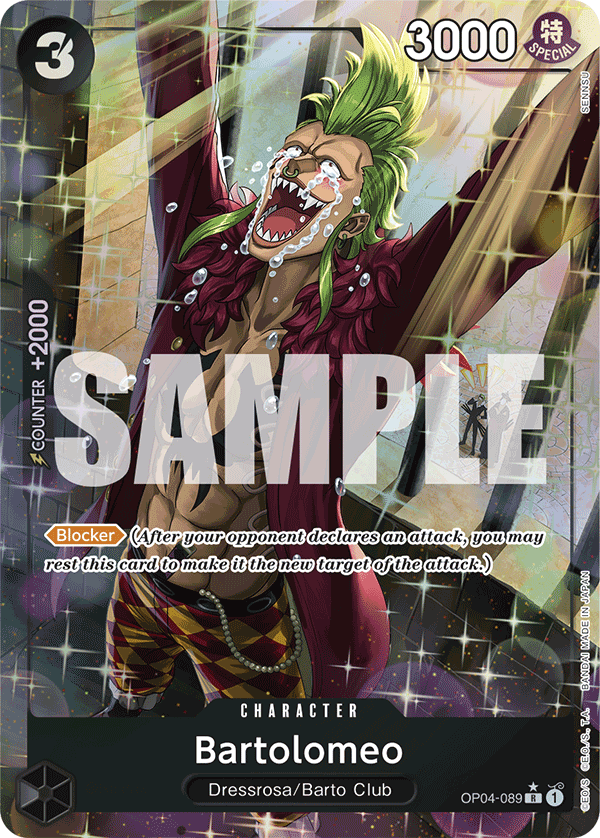 Bartolomeo OP04-089, the R printing from OP-04 of the One Piece Card Game