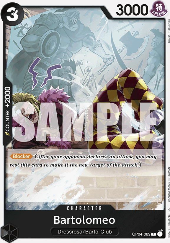 Bartolomeo OP04-089, the R printing from OP-04 of the One Piece Card Game