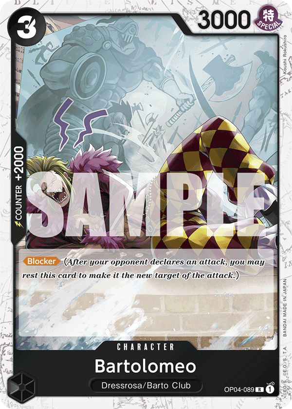Bartolomeo OP04-089, the R printing from OP-04 of the One Piece Card Game