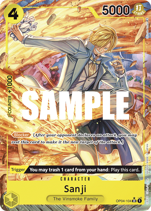 Sanji OP04-104, the SR printing from OP-04 of the One Piece Card Game