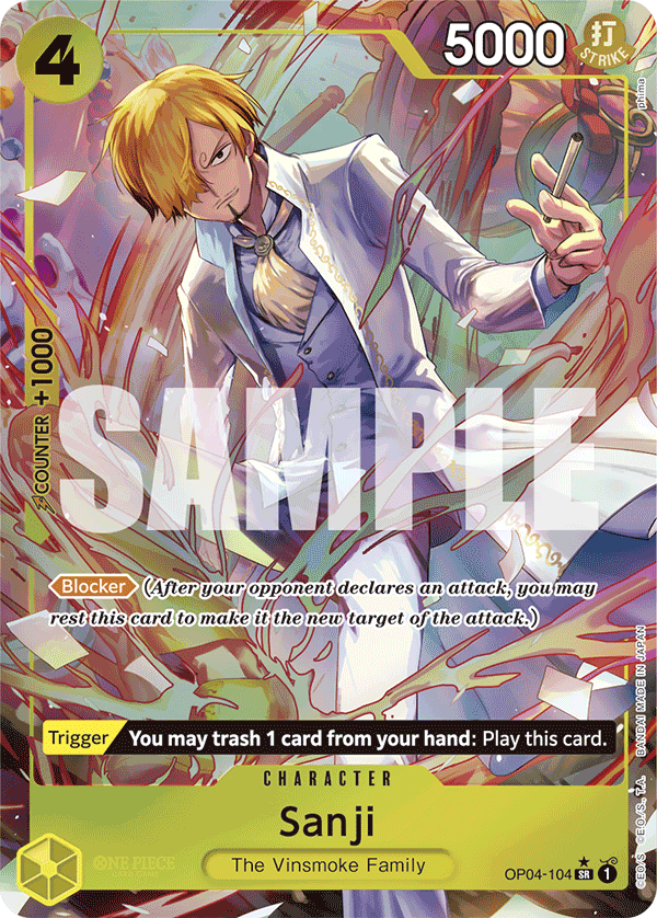 Sanji OP04-104, the SR printing from OP-04 of the One Piece Card Game