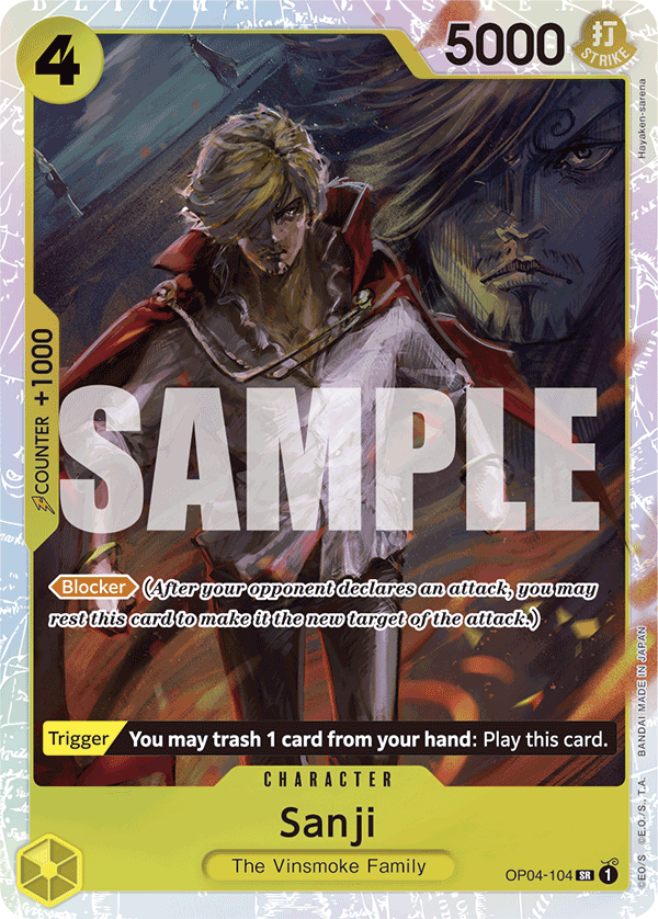 Sanji OP04-104, the SR printing from OP-04 of the One Piece Card Game