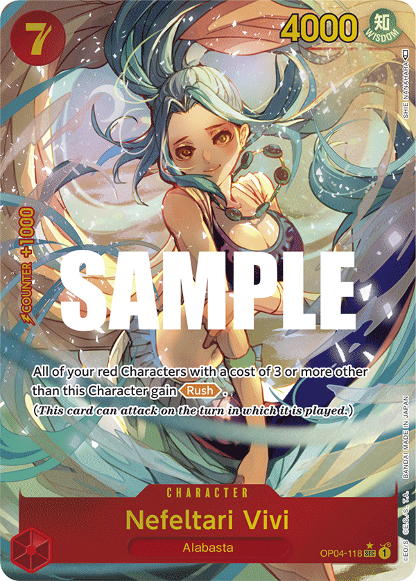 Nefeltari Vivi OP04-118, the SEC printing from OP-04 of the One Piece Card Game