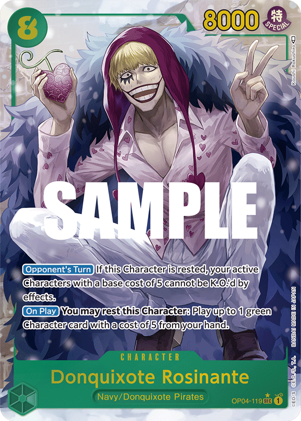 Donquixote Rosinante OP04-119, the SEC printing from OP-04 of the One Piece Card Game