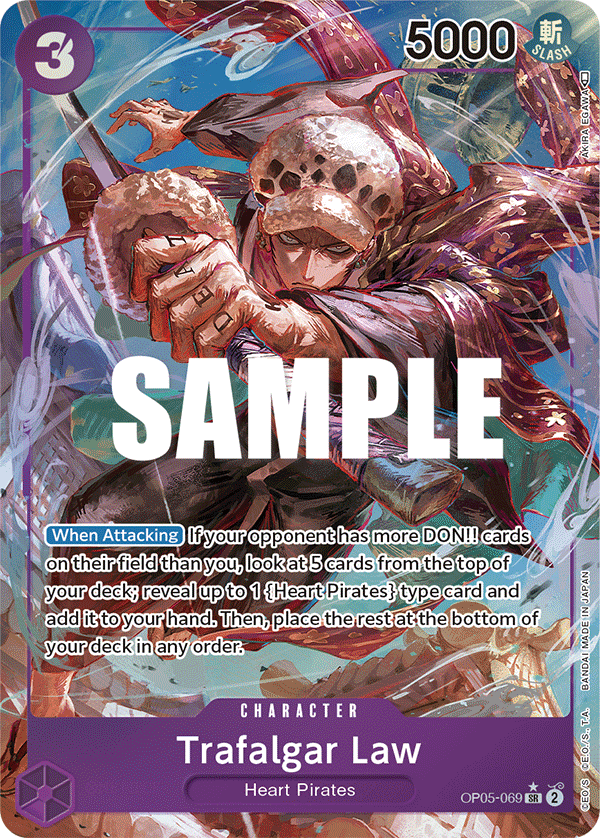 Trafalgar Law OP05-069, the SR printing from OP-05 of the One Piece Card Game
