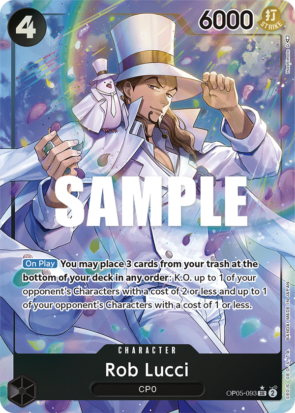 Rob Lucci OP05-093, the SR printing from OP-05 of the One Piece Card Game
