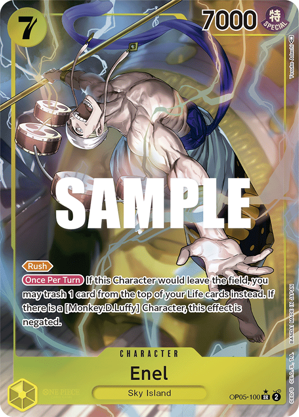 Enel OP05-100, the SR printing from OP-05 of the One Piece Card Game