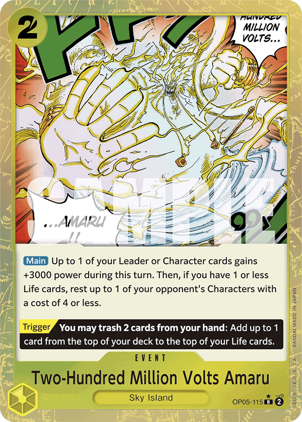 Two-Hundred Million Volts Amaru OP05-115, the R printing from OP-05 of the One Piece Card Game