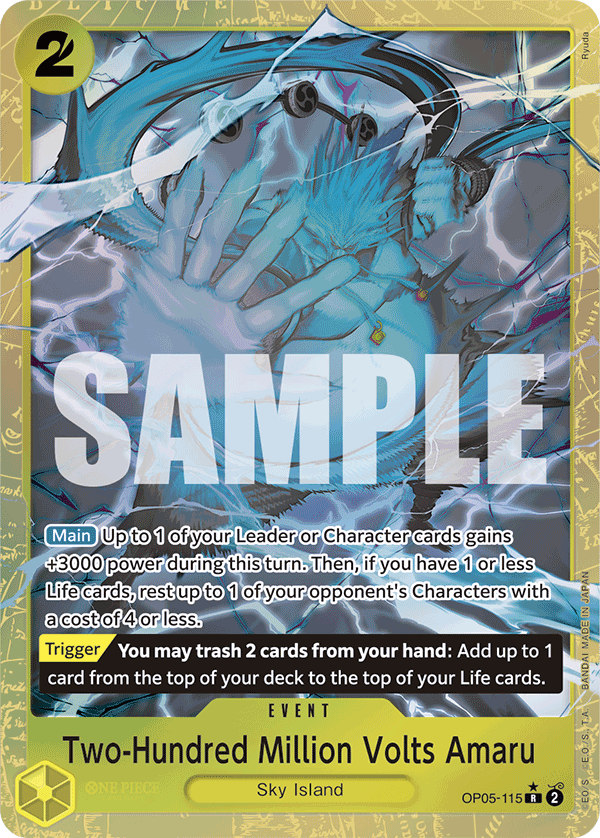 Two-Hundred Million Volts Amaru OP05-115, the R printing from OP-05 of the One Piece Card Game