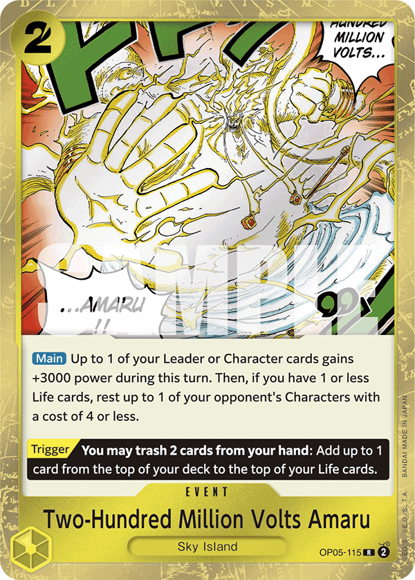 Two-Hundred Million Volts Amaru OP05-115, the R printing from OP-05 of the One Piece Card Game