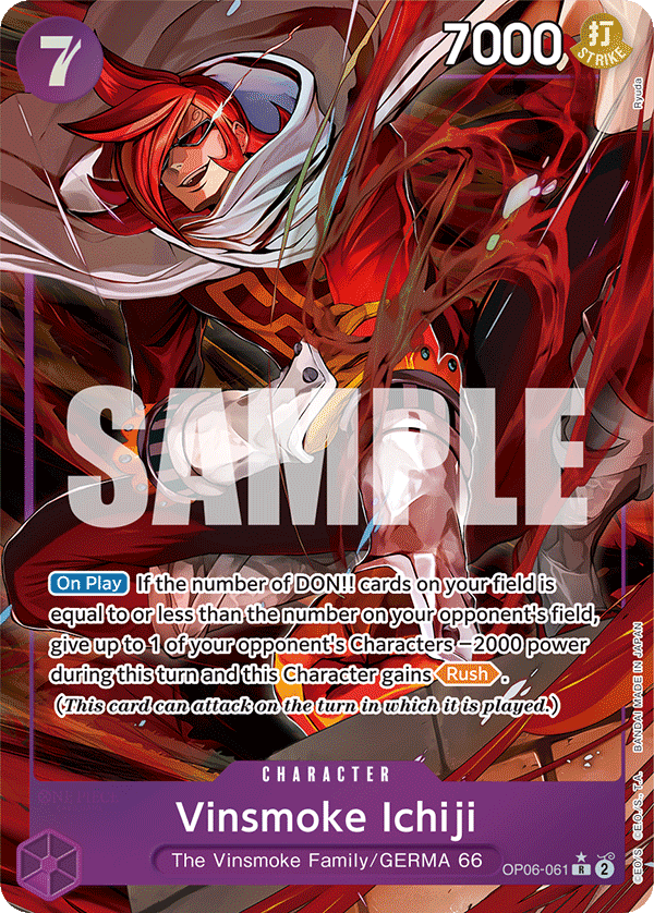 Vinsmoke Ichiji OP06-061, the R printing from OP-06 of the One Piece Card Game
