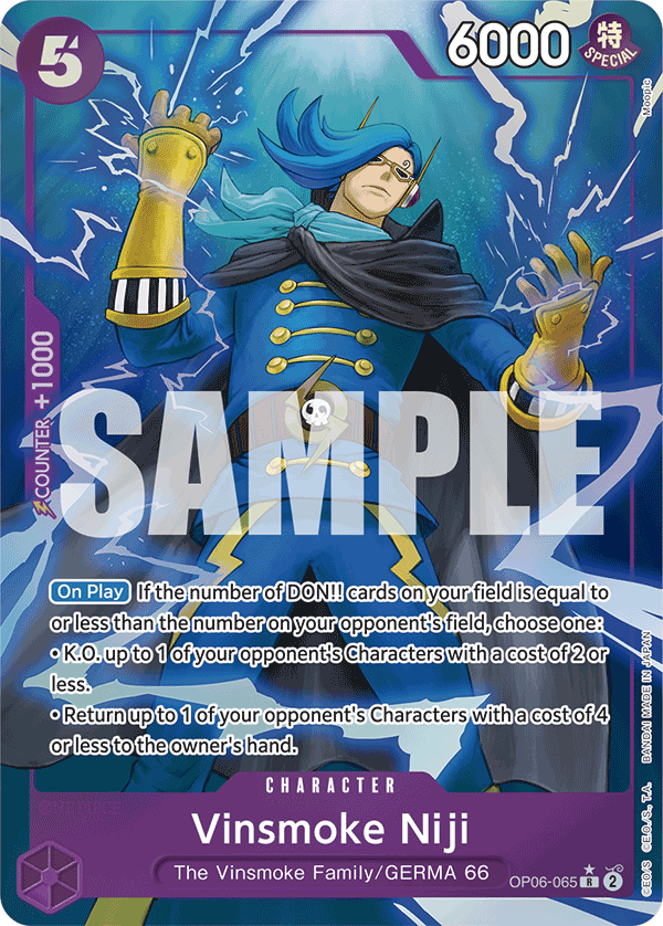 Vinsmoke Niji OP06-065, the R printing from OP-06 of the One Piece Card Game