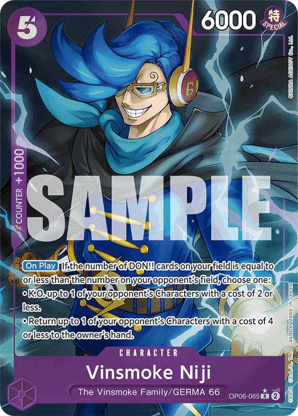 Vinsmoke Niji OP06-065, the R printing from OP-06 of the One Piece Card Game