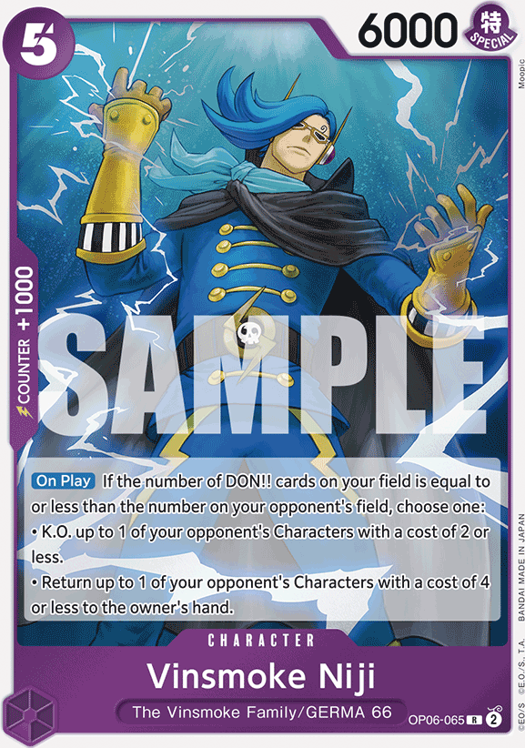 Vinsmoke Niji OP06-065, the R printing from OP-06 of the One Piece Card Game