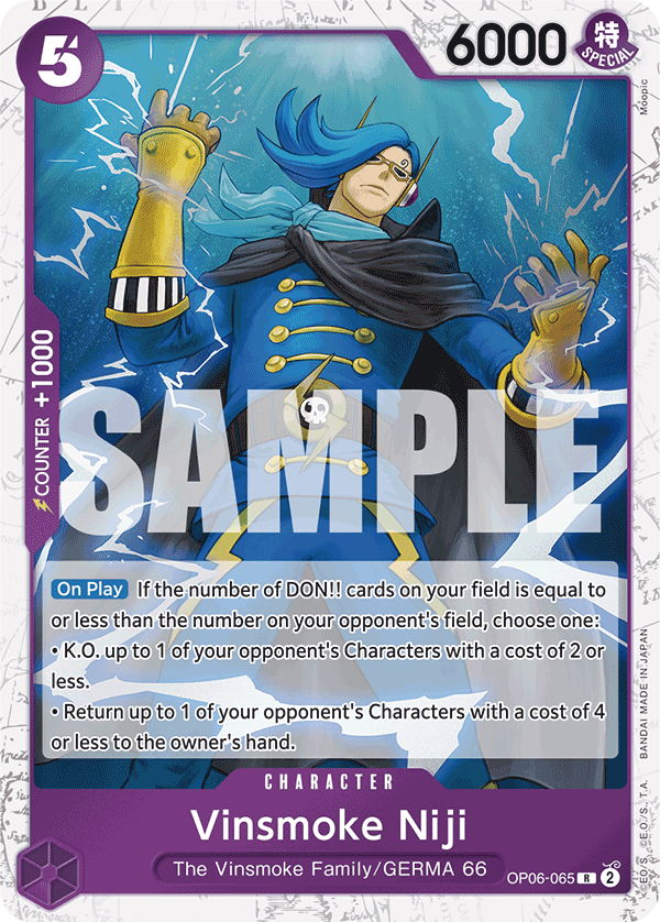 Vinsmoke Niji OP06-065, the R printing from OP-06 of the One Piece Card Game