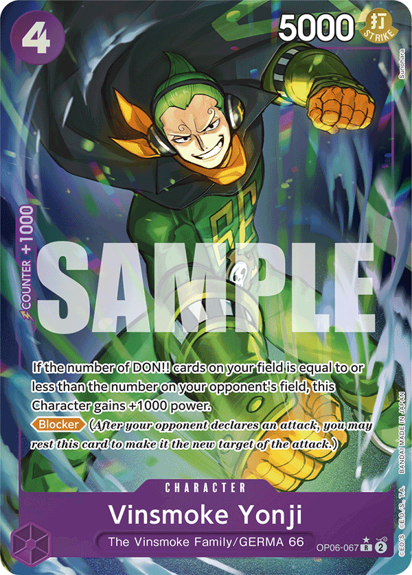 Vinsmoke Yonji OP06-067, the R printing from OP-06 of the One Piece Card Game