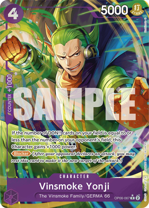 Vinsmoke Yonji OP06-067, the R printing from OP-06 of the One Piece Card Game