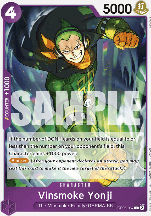 Vinsmoke Yonji OP06-067, the R printing from OP-06 of the One Piece Card Game