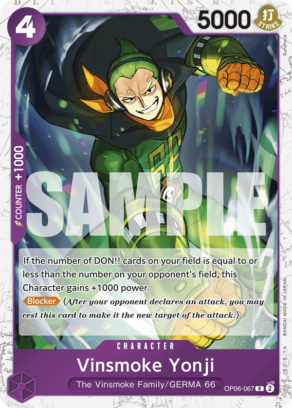 Vinsmoke Yonji OP06-067, the R printing from OP-06 of the One Piece Card Game