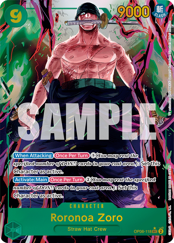 Roronoa Zoro OP06-118, the SEC printing from OP-06 of the One Piece Card Game