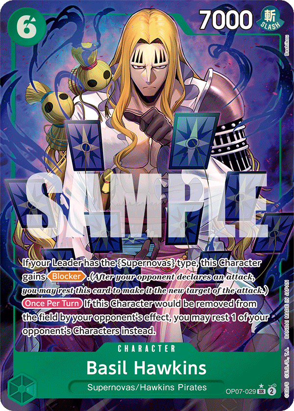 Basil Hawkins OP07-029, the SR printing from OP-07 of the One Piece Card Game