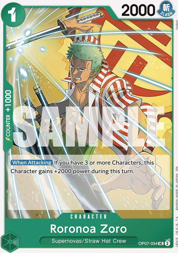 Roronoa Zoro OP07-034, the UC printing from OP-07 of the One Piece Card Game