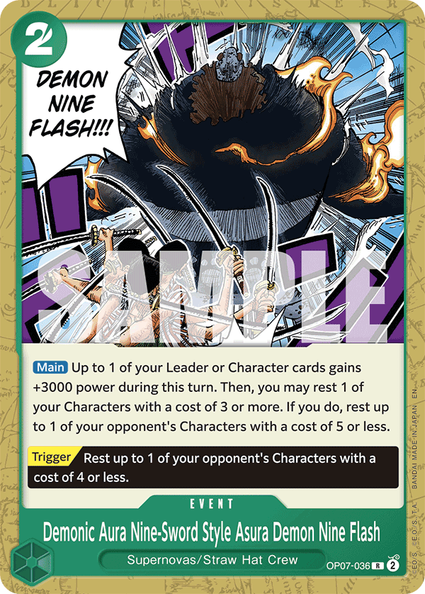 Demonic Aura Nine-Sword Style Asura Demon Nine Flash OP07-036, the R printing from OP-07 of the One Piece Card Game
